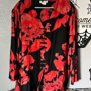 Vintage Red and Black Top with Asian Designs 3X